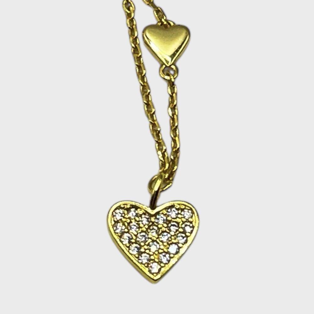 Dainty Hearts Pendant Charm Necklace Pave Rhinestone Gold Tone Tiny Feminine
